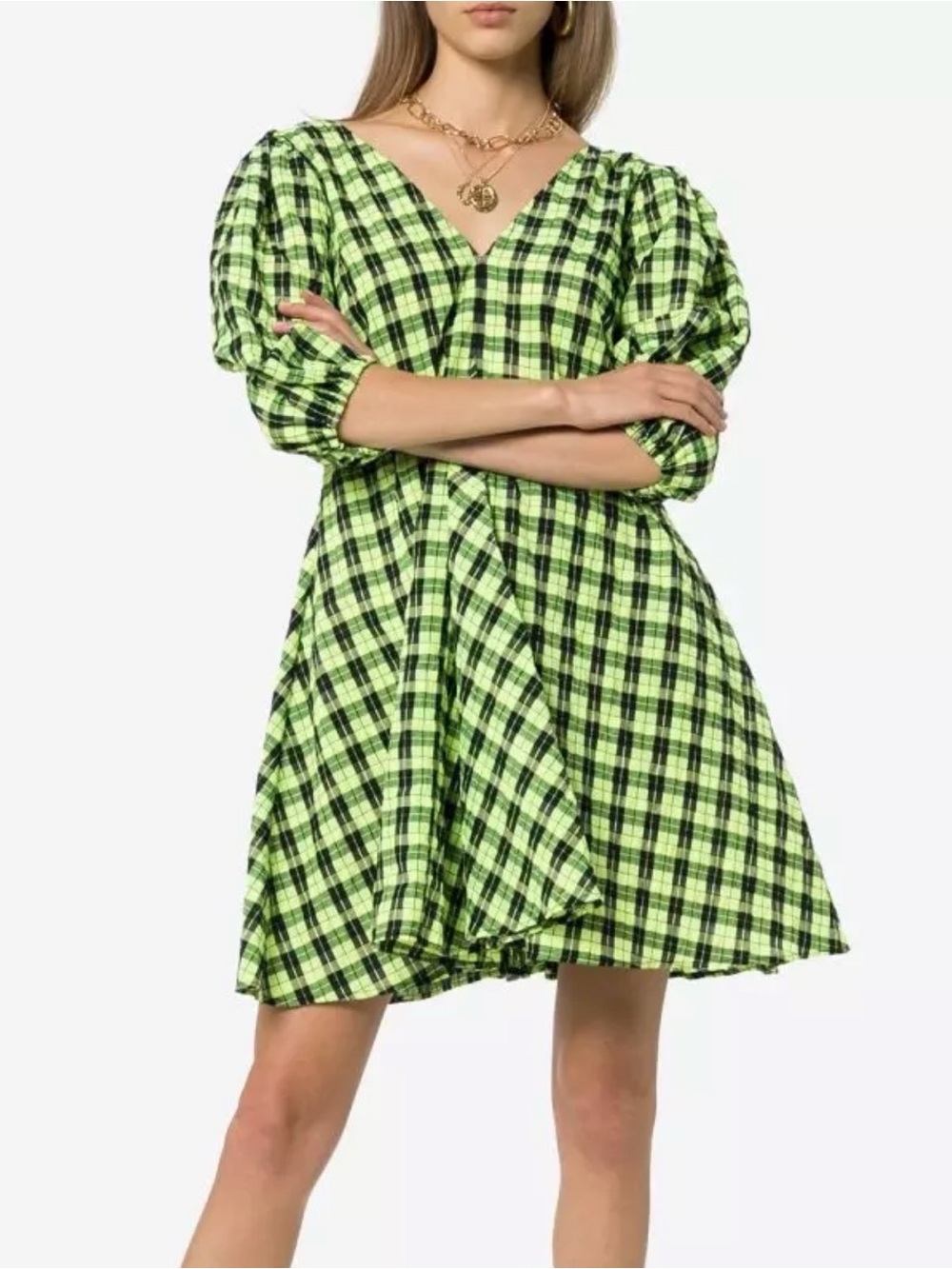 Ganni Neon Green Check Puff-Sleeve Mini Dress - Picture 8 of 10